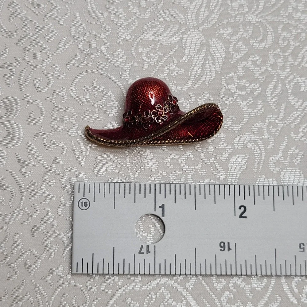 Vintage Gold Ruby Red Hat‎ Society Brooch Enamel Floral Pendant Gift